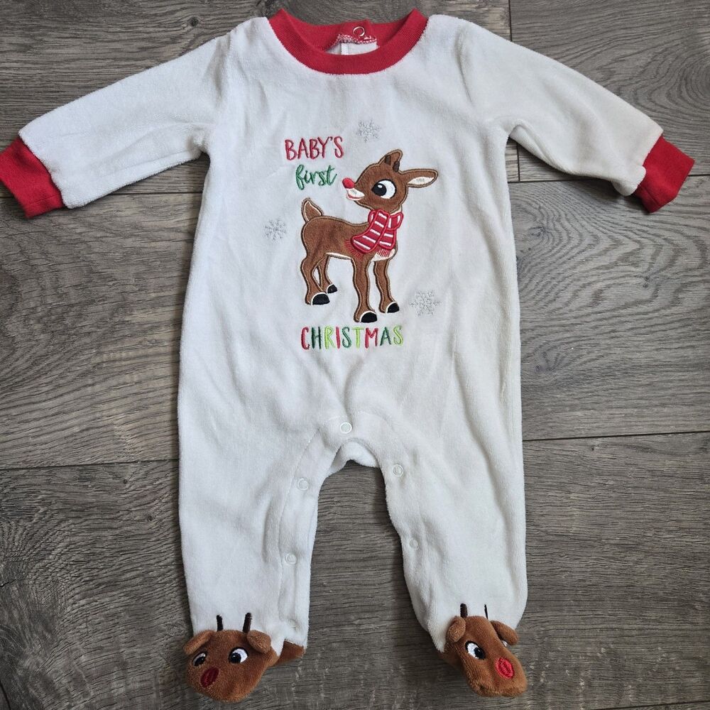 Rudolph Baby 0-3M Christmas Footed One-Piece Sleeper White Red Snap